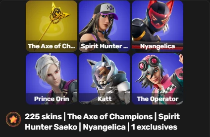 225 skins | The Axe of Champions | Spirit Hunter Saeko | Nyangelica | 1 exclusives