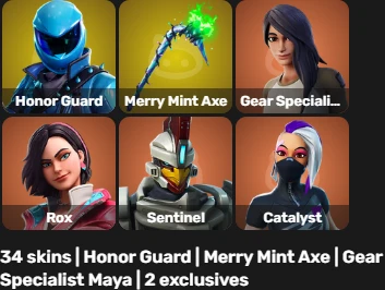 34 skins | Honor Guard | Merry Mint Axe | Gear Specialist Maya | 2 exclusives
