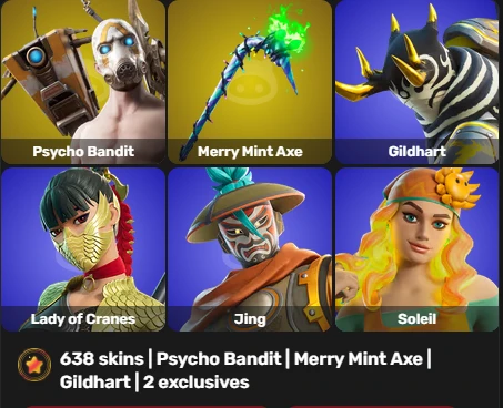 FA | xbox | psn | pc 638 skins | Psycho Bandit | Merry Mint Axe | Gildhart | 2 exclusives